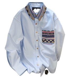 Camisa de mujer estilo bohemio a rayas, manga larga, con botones, cuello bordado y bolsillo, corte holgado, de popelina de algodón. - Product Image 1