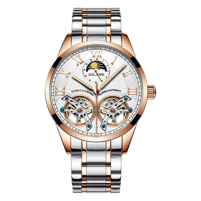 Luxury Business AILANG Men Double Tourbillon Flywheel Classic Mechanical Watch Moon Phase Automatic Stainless Steel OEM Watch