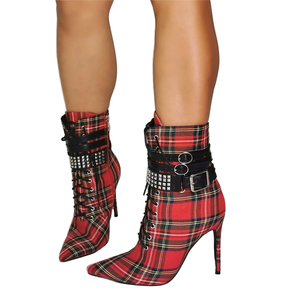 Big Size 47 New Arrivals Autumn Winter Plaid Pattern Western Ankle ZIP Closure Pointed Toe Women Ankle <b>Boots</b> Thin High Heel - Product Image 1