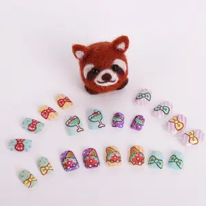 Cute Bow Printing Wearable Nails for Kids Fashion Girl Fingernail 20pcs Safe Toy Nail Easy Apply Press on Nail