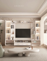 Console TV Style Crème Système de Rangement en Bois Massif avec Éco-Panneaux Unité Murale Intégrée Multi-Fonctionnelle