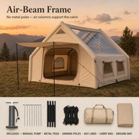 Tente de camping gonflable quatre saisons de 6,3 m² avec porte unique, lanterneau et auvent, en tissu Oxford 300D beige kaki, pour 3 à 6 personnes, idéale pour le glamping