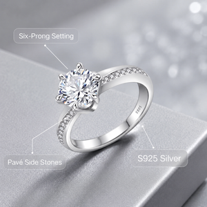Bague de fiançailles et de mariage unisexe S925 de luxe plaquée or 14 carats avec six griffes, tige incurvée et pierres latérales pavées - Product Image 5