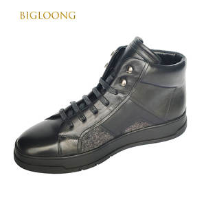 Bottes montantes en cuir noir pour hommes Panneaux en <span class=keywords><strong>feutre</strong></span> gris à enfiler Doublure en cuir véritable <span class=keywords><strong>Semelle</strong></span> en caoutchouc épaisse Oeillets métalliques Automne - Product Image 3