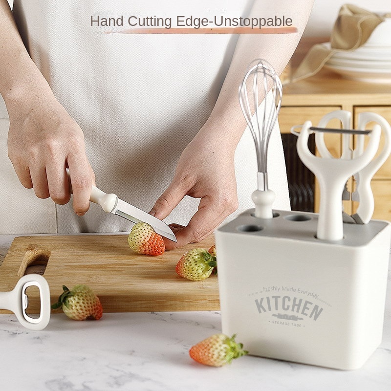 Multi-functional Kitchen Gadget Set with Storage Block Includes Whisk, Knife, Scissors, Peeler, Bottle Opener for Daily Cooking · image 4