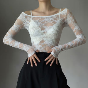 <b>Sexy</b> Sheer Lace Mesh Top <b>Women</b> Street Y2K One Shoulder See Through Slim Fit Long Sleeve Club Party Inner Top <b>Outfit</b> - Product Image 3