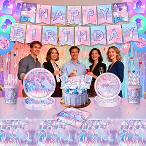Vaisselle de fête d'anniversaire sur le thème de la chasse aux sorcières rose, avec découpe sur les bords, assiettes en papier, gobelets en papier, serviettes en papier, nappe, bannière - Product Image 4