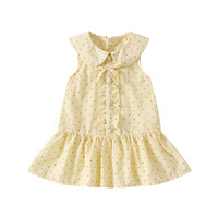 Robe d'été sans manches pour bébé fille avec col Peter Pan, à pois, volants et nœud, en coton doux pour tout-petits