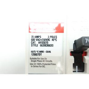Disjoncteur à boîtier moulé Eaton HFD3070 70A 3P, thermique-magnétique, 600V AC, montage enfichable - Product Image 6