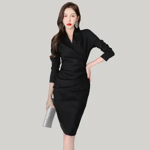 ZYHT 4557 Women Luxury Clothing 2024 Women Bodycon V Neck Elegant Long Sleeve Black Office Dresses Ladies