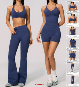 Completo Fitness Coordinato in <span class=keywords><strong>Lycra</strong></span> a Maglia Senza Cuciture: <span class=keywords><strong>Top</strong></span> Corto Raglan a Maniche Corte e Leggings a Vita Alta Svasati, Morbidi ed Elasticizzati - Product Image 6
