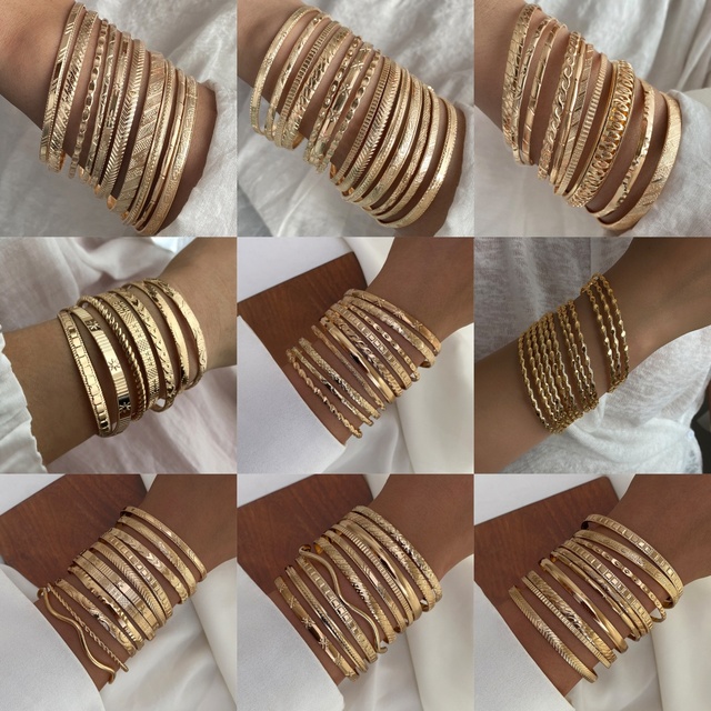 New Punk Gold Plated Multi-layered Bangles Bamboo Wave Twist Design Bracelet Set for Women Fashion Jewelry
