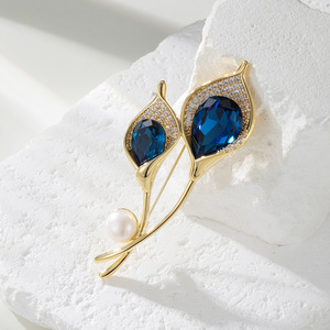 Calla Lily Brooch Gold Plated Blue Crystal Freshwater Pearl Women's Fashion Pin Party Accessory - Product Image 1