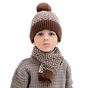 Cross-Border New Autumn Winter Boys' Knitted Beanie Woolen Hat Scarf Set Acrylic Material Dot Pattern European American Children