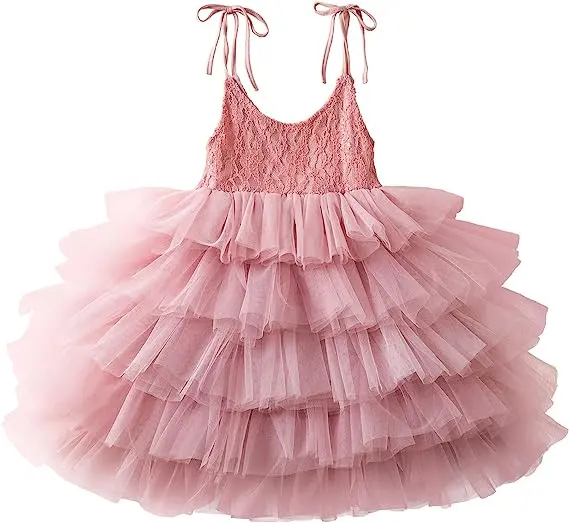 Luxo Pageant Ball Gowns Flower Girl Strap Lace Tiered Tutu Tulle Party Dress Meninas Maxi rosa tecido de algodão bebê frock desenhos