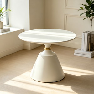 Table d'appoint ronde de luxe en crème blanche, base en forme de sablier avec anneau doré, table de salon, mobilier d'hôtel - Product Image 3