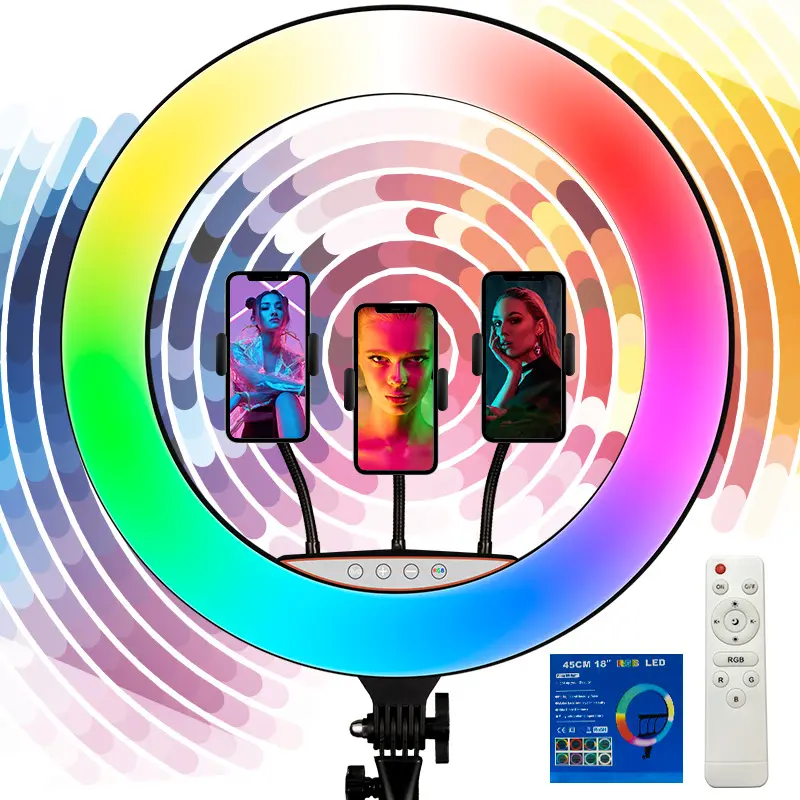 18 Zoll RGB Ringlicht mit Ständer und Telefonhalter, 3 Tageslichter und 21 Farben Selfie-Ringlicht, 60 Zoll hohes LED-Ringlicht für TikTo