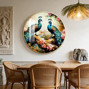 Personalización de Arte Mural 3D, Decoración de Pared para Sala de Estar, Pintura Circular de Pavo Real en Porcelana de Cristal con Luces LED - Product Image 1