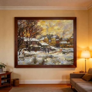 B&C ART Dipinto a Olio Impressionista di Claude Monet Personalizzato e Dipinto a Mano, Ecologico, su Tela, Paesaggio Invernale con Tramonto e Neve - Product Image 3