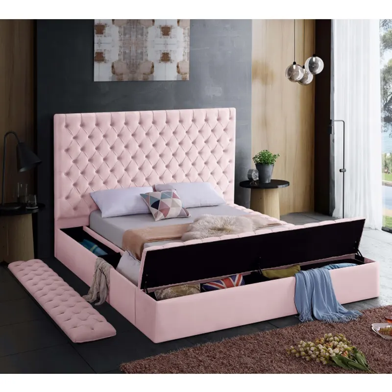 Meuble de chambre à coucher moderne en cuir, meuble de rangement matelassé, taille King, en bois, lit de rangement pour adultes, nouveau modèle