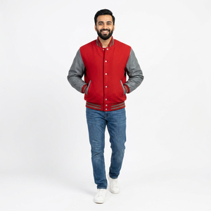 Custom Men's <b>Red</b> <b>Wool</b> and Gold Leather Sleeves Varsity Jacket Spring Print Patchwork Letterman CollegeBaseballjacket for men - Product Image 1