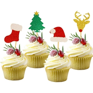 Juego de 24 Adornos para Pastel de Navidad con Diseños Brillantes de Gorros de Santa Claus, Árboles, Calcetines Rojos y Renos Dorados para Decoración de Cupcakes - Product Image 5