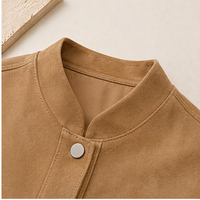 Veste courte en cuir de mouton fendu pour femme, col montant, camel, avec poches plaquées