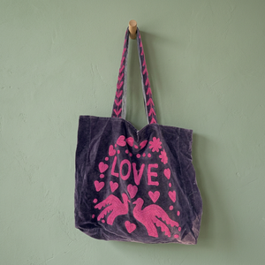 Wholesale Custom Handmade Purple Velvet Tote <b>Bag</b> Featuring Pink LOVE Lettering Doves <b>Hearts</b> and Floral Applique Embroidery Chic - Product Image 1