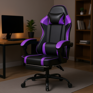 Chaise de jeu ergonomique en cuir PU, violette, inclinable avec repose-pieds, soutien lombaire réglable, base pivotante pour la maison et le bureau - Product Image 2