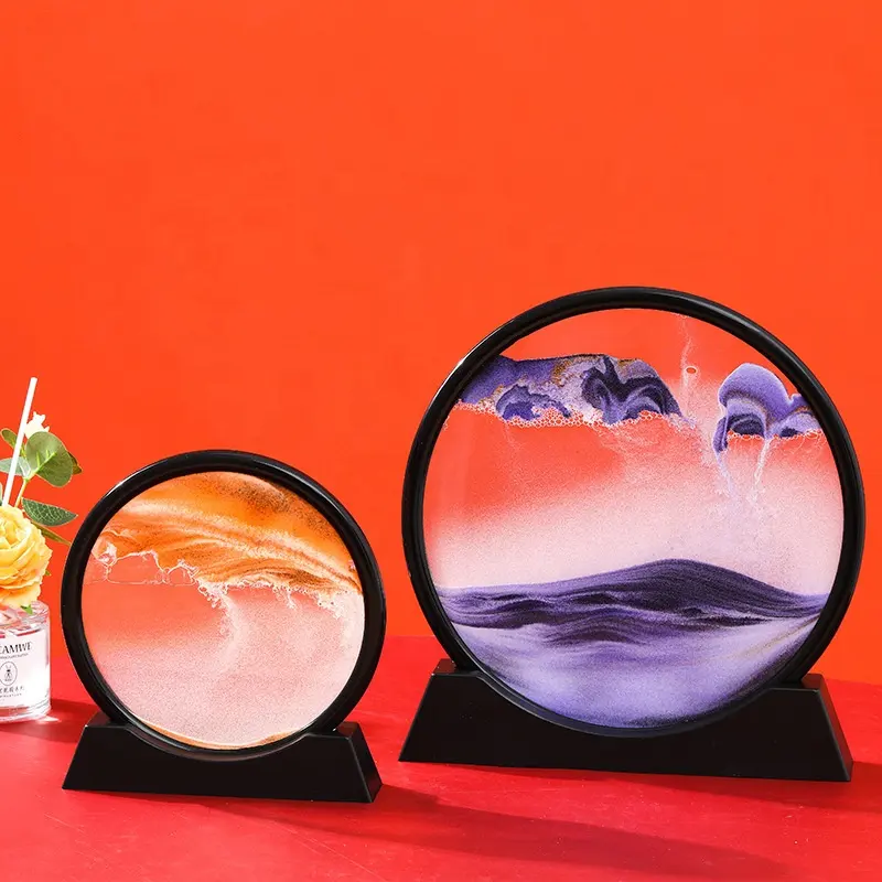 Sıcak satış renkli Sandscape hareketli kum sanat resmi yuvarlak cam 3d manzara sıvı akan ev dekorasyon cam el sanatları