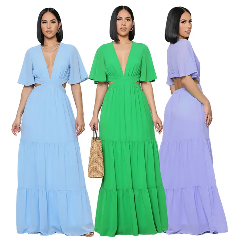 KaiChen High Quality Solid Color Temperament Cut Out Chiffon Dress Short Sleeve Maxi Dress Ladies Casual Beach Summer Dress 2022