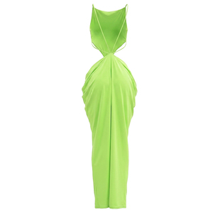 Robe longue plissée moulante et élégante sans manches à bretelles et dos nu de couleur unie pour femme Viviblook D26DS164 - Product Image 3