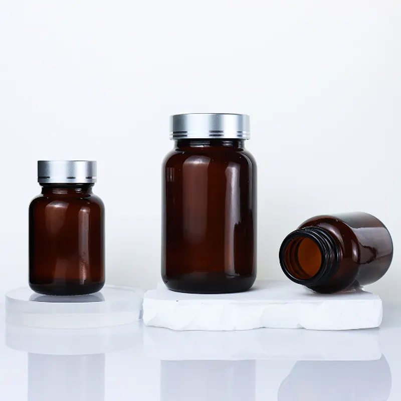 Botol kaca kapsul suplemen Amber Pill 100CC mulut lebar dengan tutup plastik 100ml botol kaca untuk penggunaan produk kesehatan