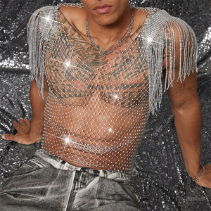 Canottiere con stella re Mcgreen Top da <span class=keywords><strong>uomo</strong></span> a rete con muscolatura lucida trasparente gilet con paillettes rotondo senza maniche indumento da discoteca per feste - Product Image 3