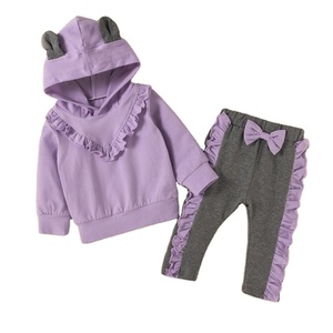 Ropa Infantil para Bebés Niñas, Conjuntos Casuales de Pantalones de Algodón Morado con Sudadera con Capucha de Encaje de China - Product Image 1