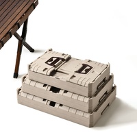 Conteneur pliable d'extérieur, bac de rangement portable avec couvercle en bois, boîtes de rangement pliantes en plastique pour le camping avec couvercle