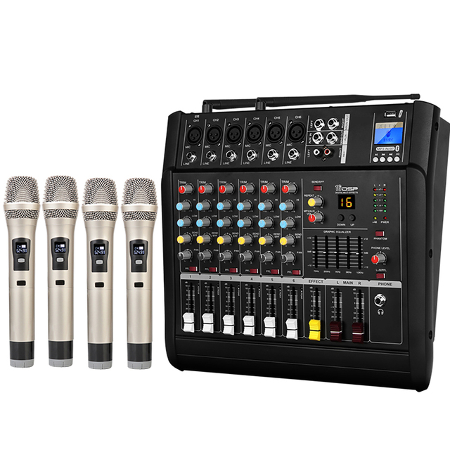 YAIKA GM6X 6 Channel USB Digital 450W DJ Audio Power Amplifier 4 Wireless Microphones Stereo/Surround Metal Plastic Wood 8 Ohm