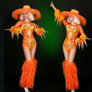 Costumes de performance sexy personnalisés pour femme, combinaison Gogo avec grand chapeau, pour ambiance de bar, spectacle de fête et personnage de spectacle - Product Image 1