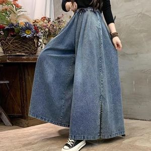 Jean décontracté en denim pour femme, taille haute, coupe large, à ourlet fendu, style rétro littéraire, coupe ample, mode - Product Image 3