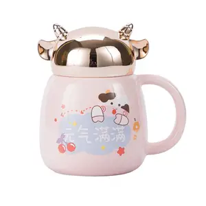 Blue Purple Cartoon Cow Design Ceramic Coffee Mug Cute Animal Milk Cup With Lid for Home Kitchen Household Mugs