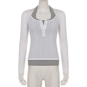 Ensemble deux pièces pour femme : Camisole à col halter rayée style coréen et T-shirt Henley à manches longues pour le début de l'automne - Product Image 6