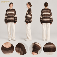 Pull en maille côtelée surdimensionné à rayures marron pour femme, col rond, manches longues, décontracté, tricoté, personnalisable OEM, vente en gros