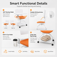 Chaise de formation à cadre en plastique avec tablette d'écriture pliable, bras de tablette rotatif à 360 degrés, porte-gobelet et panier de rangement pour salle de classe et formation