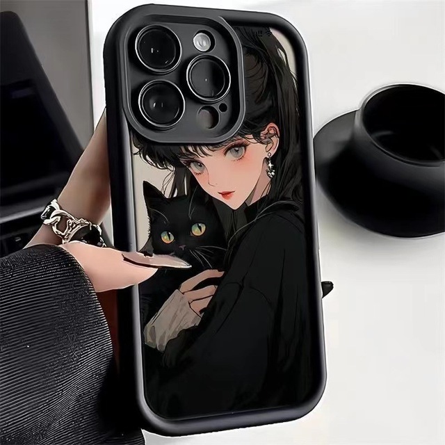 Angel Steps Black Cat Girl Cartoon Phone Case for Apple for iPhone 14 Pro Max & 15 8 Plus Includes Camera Protector Dark Style