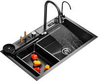 Évier de cuisine sous plan en acier inoxydable 201/304 à cuve unique avec robinet cascade intelligent multifonctionnel fait main noir – Garantie 5 ans