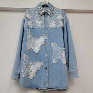 2026 Grosir Kemeja Denim Elegan dengan Aplikasi Kupu-kupu 3D dan Renda Organza, Hiasan Mutiara, Desainer, Model Longgar untuk Wanita - Product Image 1