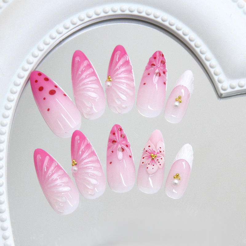 24pc Luxury Almond False Nails Set 3D Lily Ice Flower Design ABS Plastic DIY Salon Press on Nails