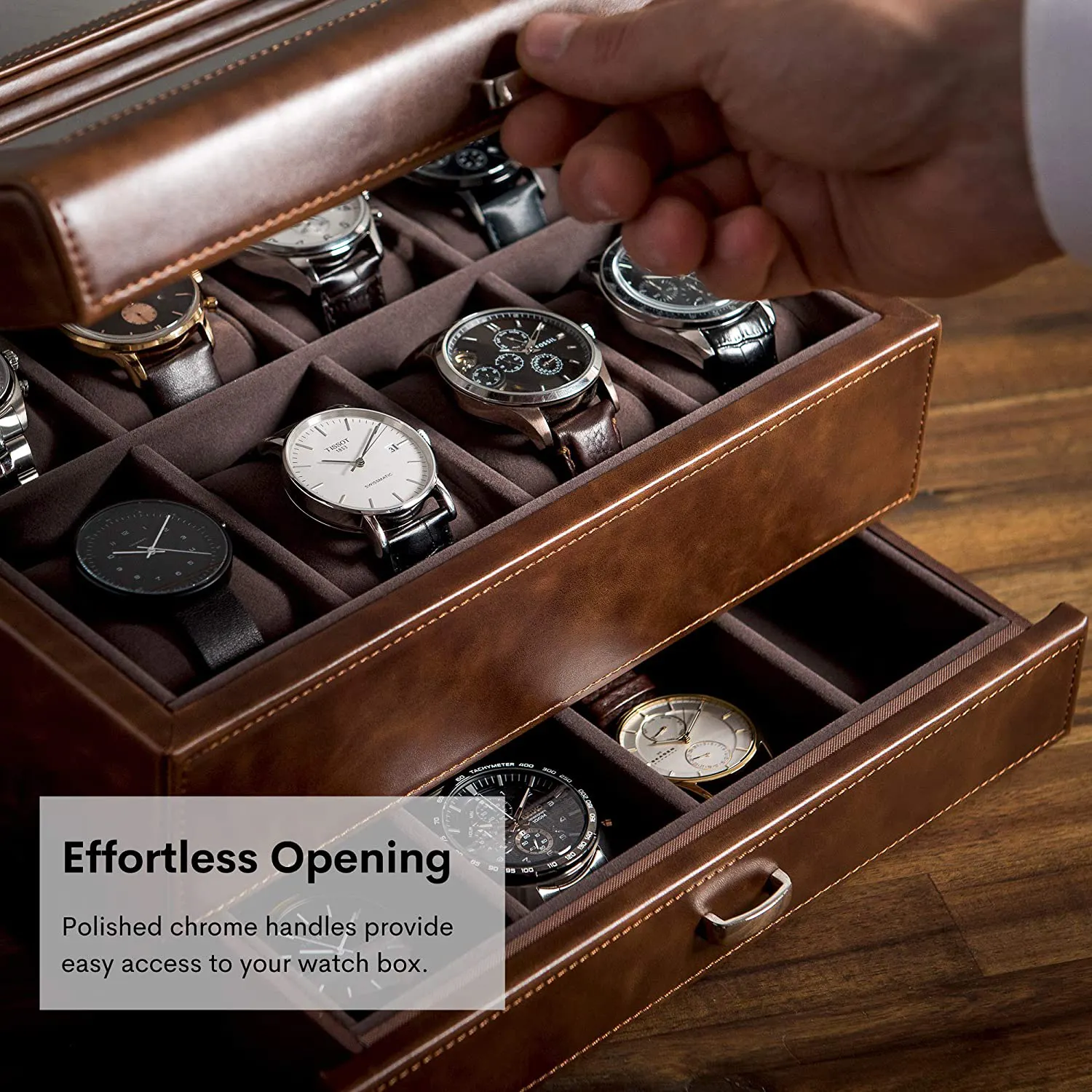 Venta al por mayor reloj de madera caja de lujo de cuero PU reloj caja de embalaje personalizado con logotipo casos pantalla Multi-posición de caja de reloj