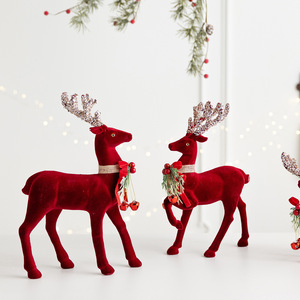 LINGKAI Red Flocked <b>Christmas</b> <b>Reindeer</b> Figurine With Glitter Antler Bell Bow Tabletop Ornament for Xmas Home Holiday Decor - Product Image 2