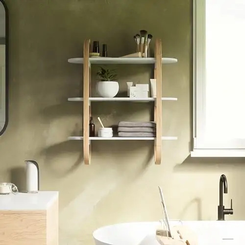 Rak Organizer melengkung logam kayu, untuk ruang tamu kamar mandi dekoratif terpasang di dinding rak mengambang